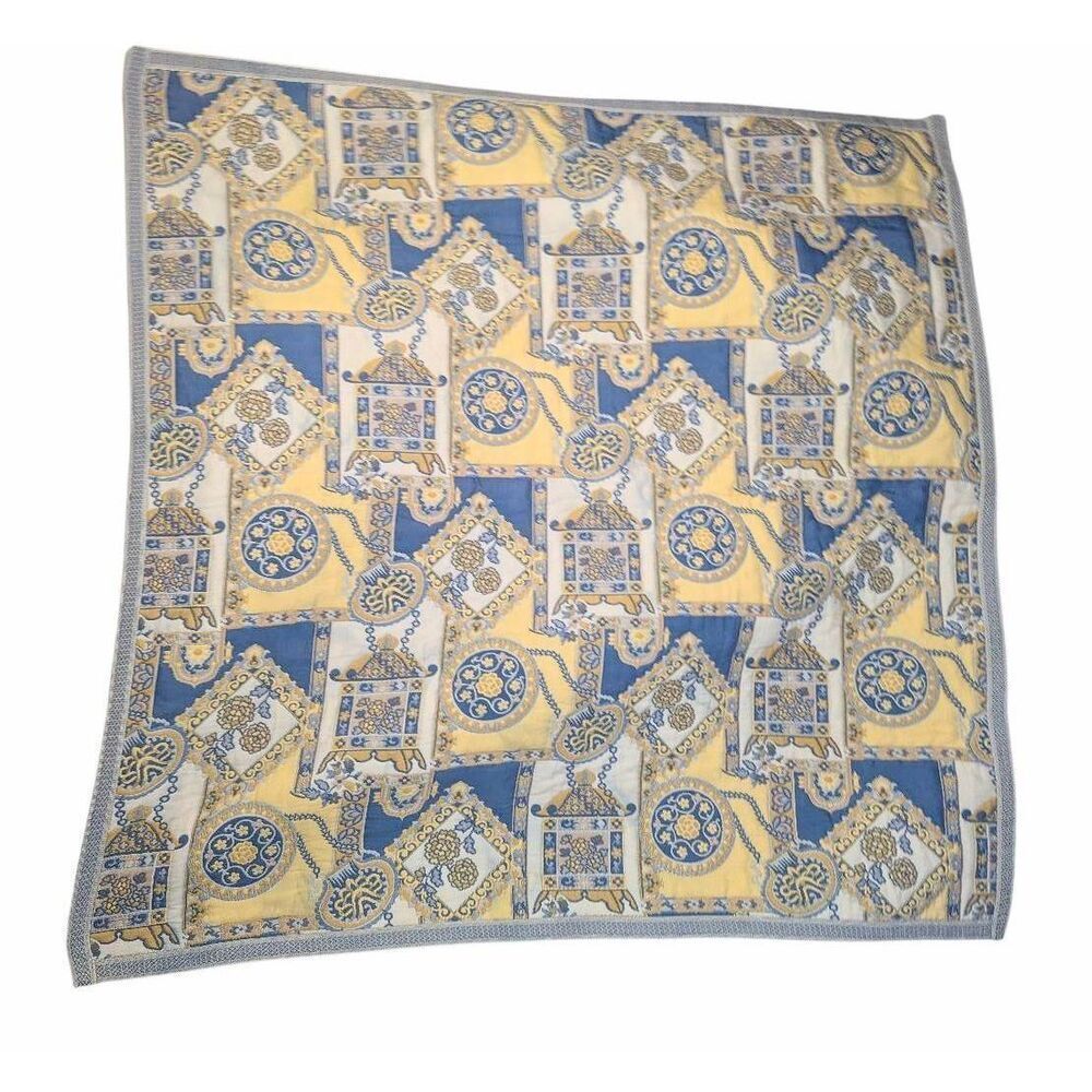 Vintage Chinoiserie Pagoda Tapestry Blue & Yellow  Wall Hanging / Textile Art